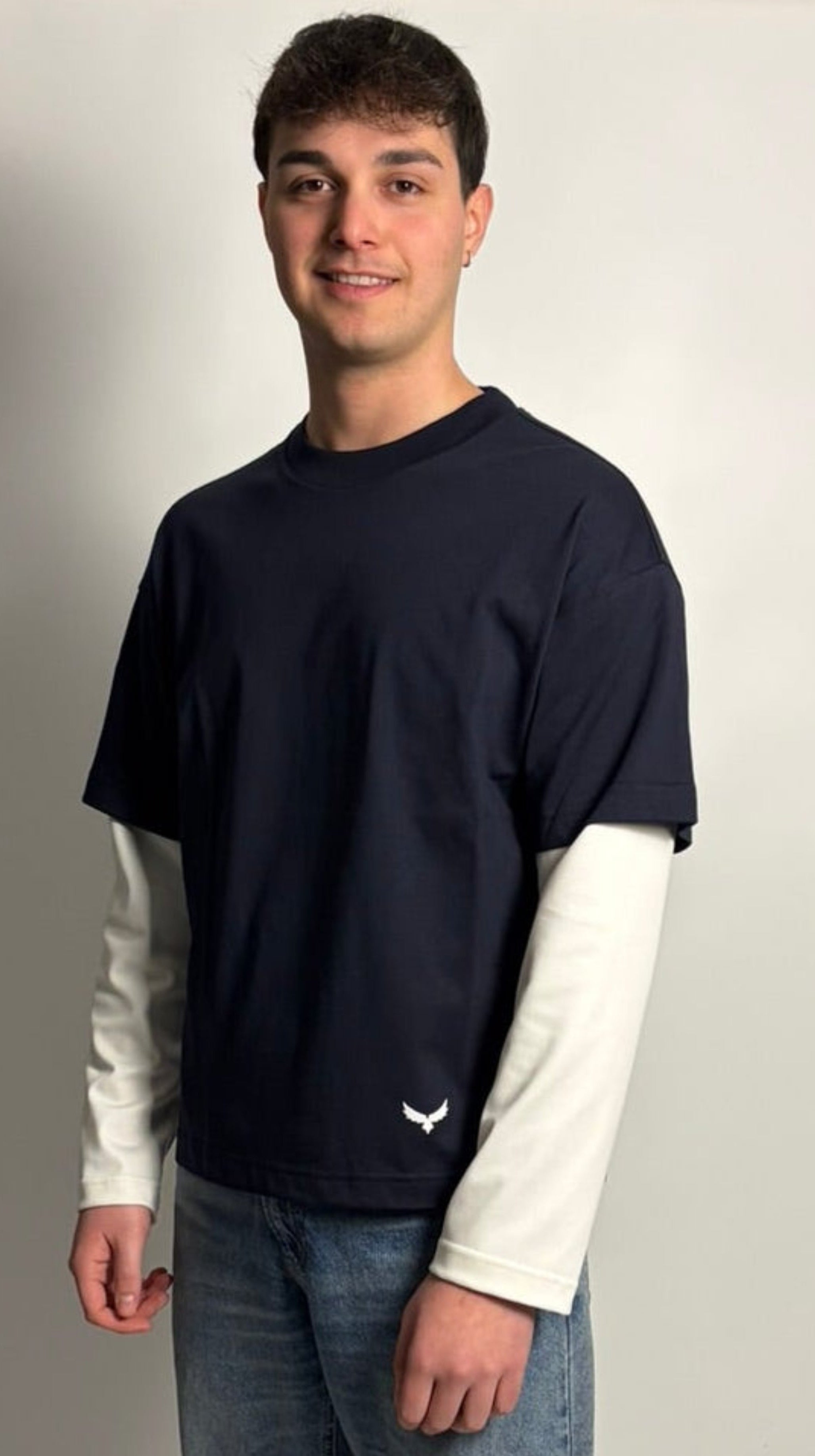 T-Shirt Boxy Fit Doppia Manica Blu / Bianco