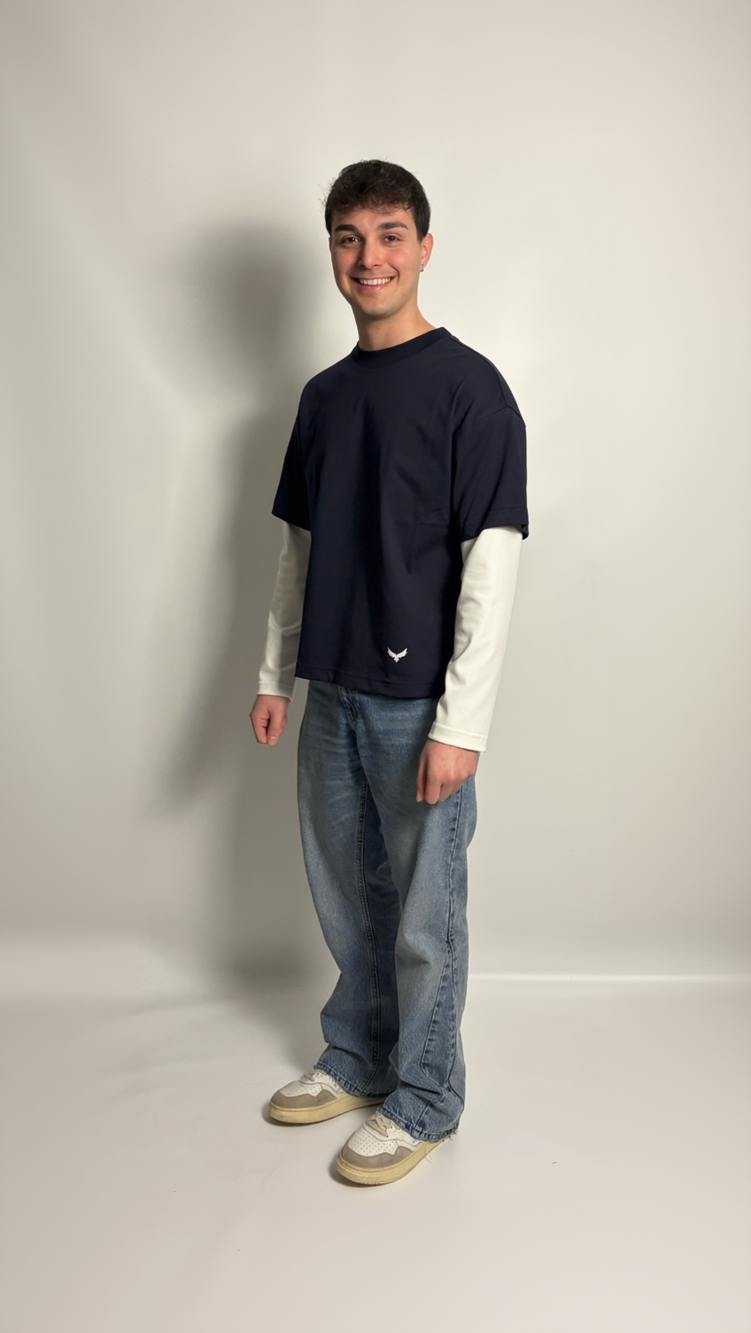 T-Shirt Boxy Fit Doppia Manica Blu / Bianco