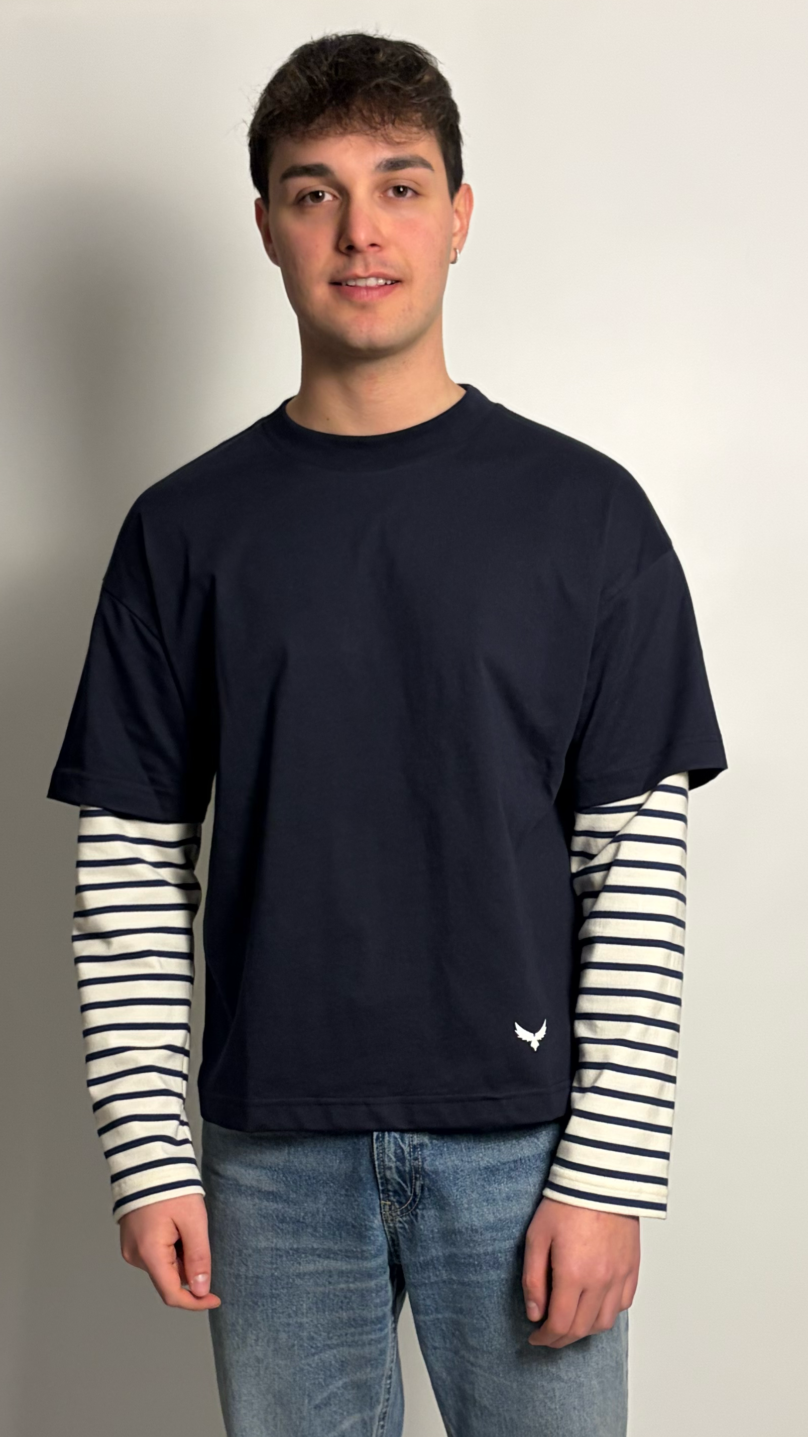 T-Shirt Boxy Fit Doppia Manica Blu / Rigato Bianco e Blu