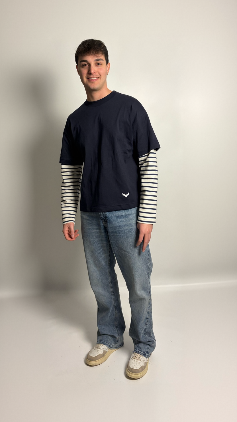 T-Shirt Boxy Fit Doppia Manica Blu / Rigato Bianco e Blu