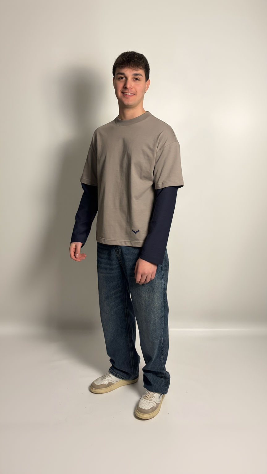 T-Shirt Boxy Fit Doppia Manica Grigio / Blu