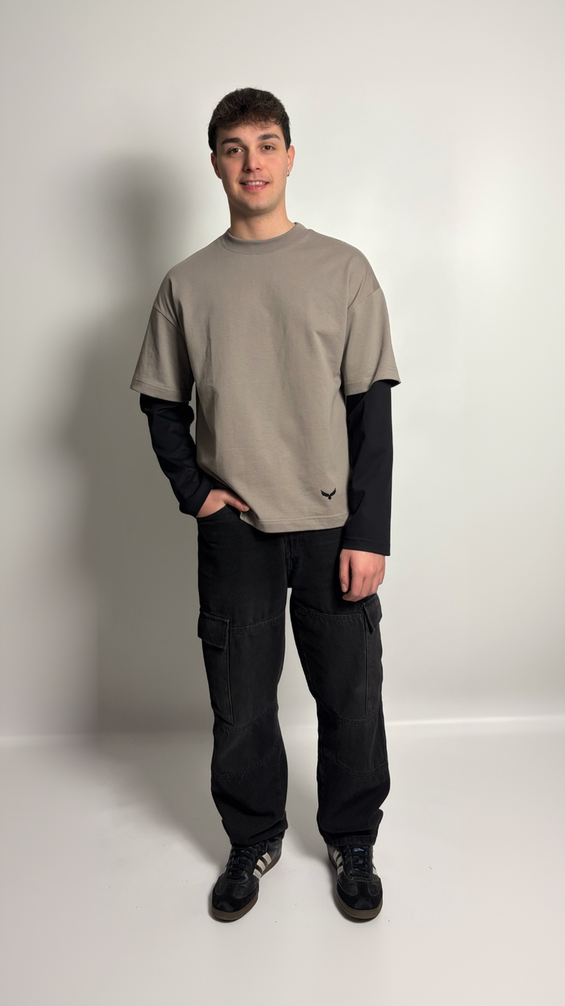 T-Shirt Boxy Fit Doppia Manica Grigio / Nero