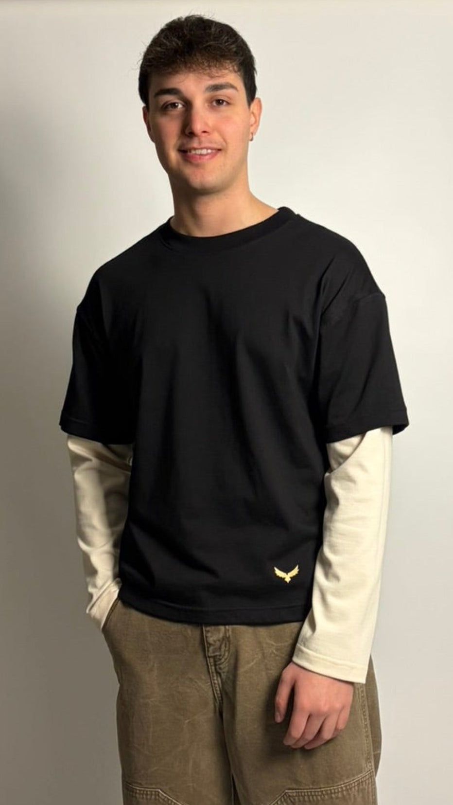 T-Shirt Boxy Fit Doppia Manica Nero / Panna