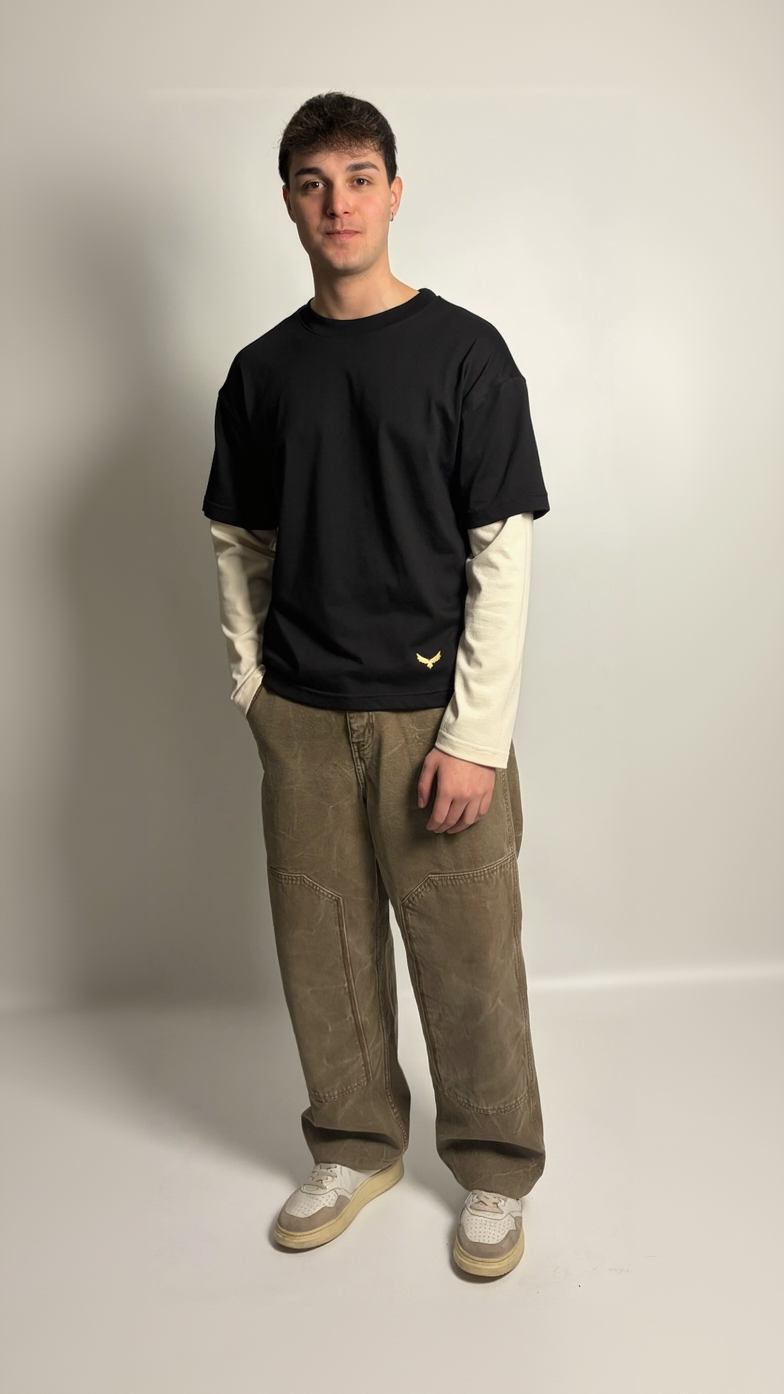 T-Shirt Boxy Fit Doppia Manica Nero / Panna