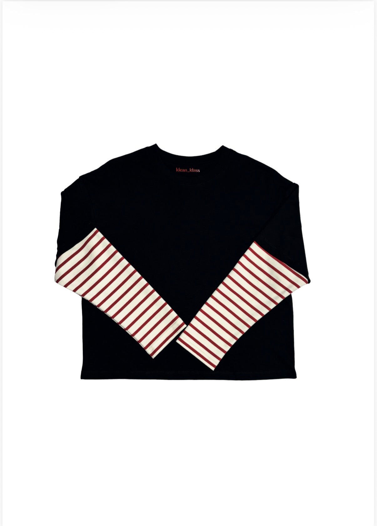 T-Shirt Boxy Fit Doppia Manica Nero / Rigato Rosso e Bianco