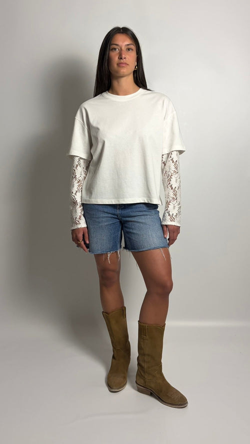 T-Shirt Boxy Fit Doppia Manica Bianca / Pizzo Bianco