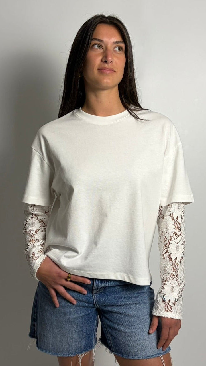 T-Shirt Boxy Fit Doppia Manica Bianca / Pizzo Bianco