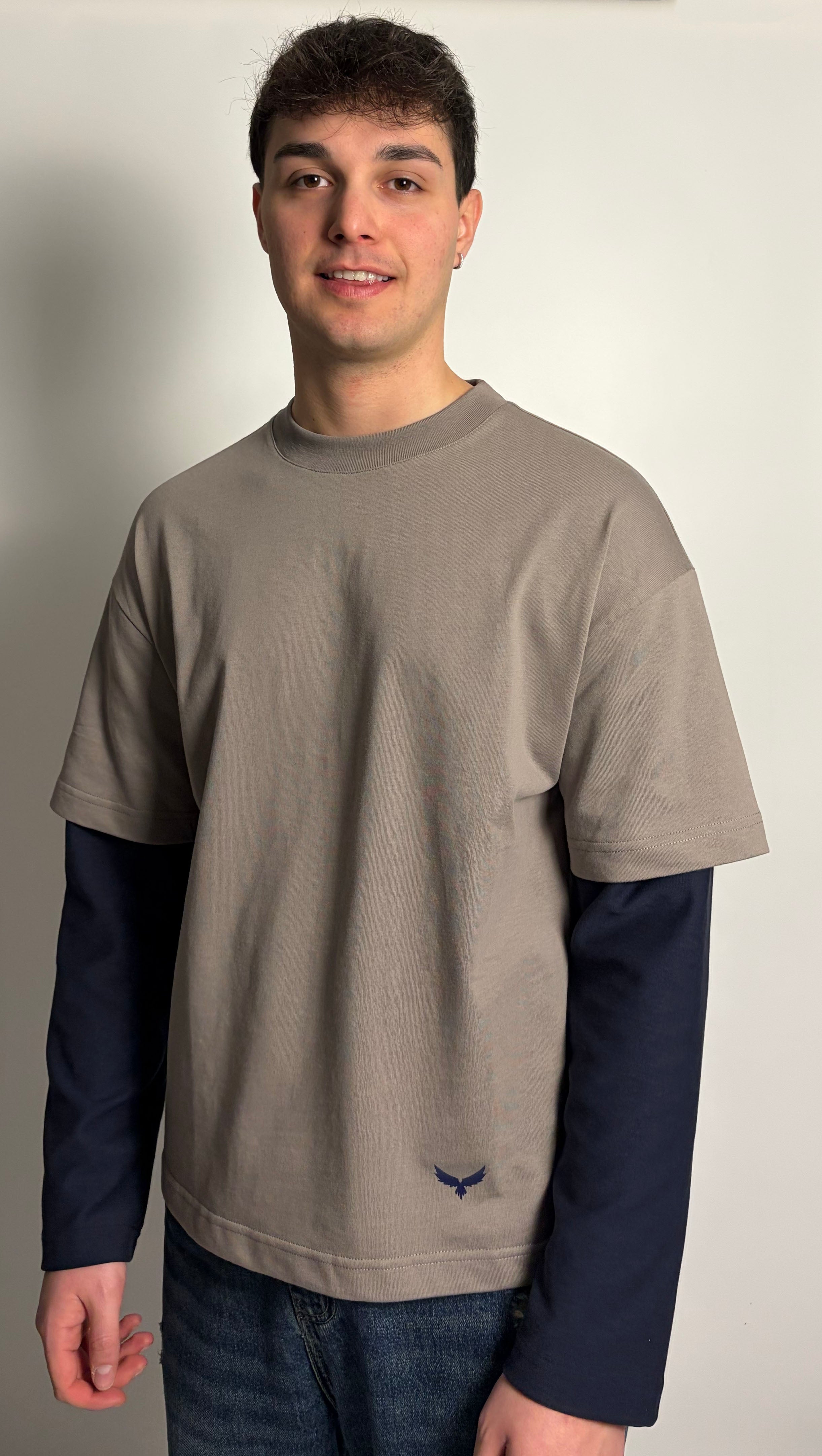 T-Shirt Boxy Fit Doppia Manica Grigio / Blu