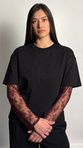 T-Shirt Boxy Fit Doppia Manica Nero / Pizzo Bordeaux
