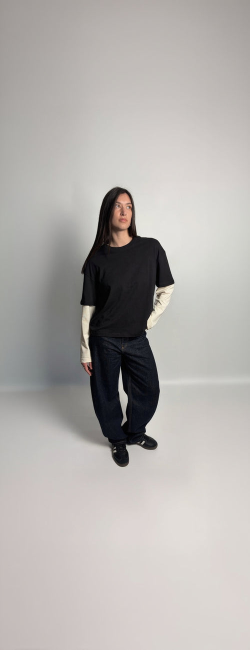 T-Shirt Boxy Fit Doppia Manica Nero / Panna