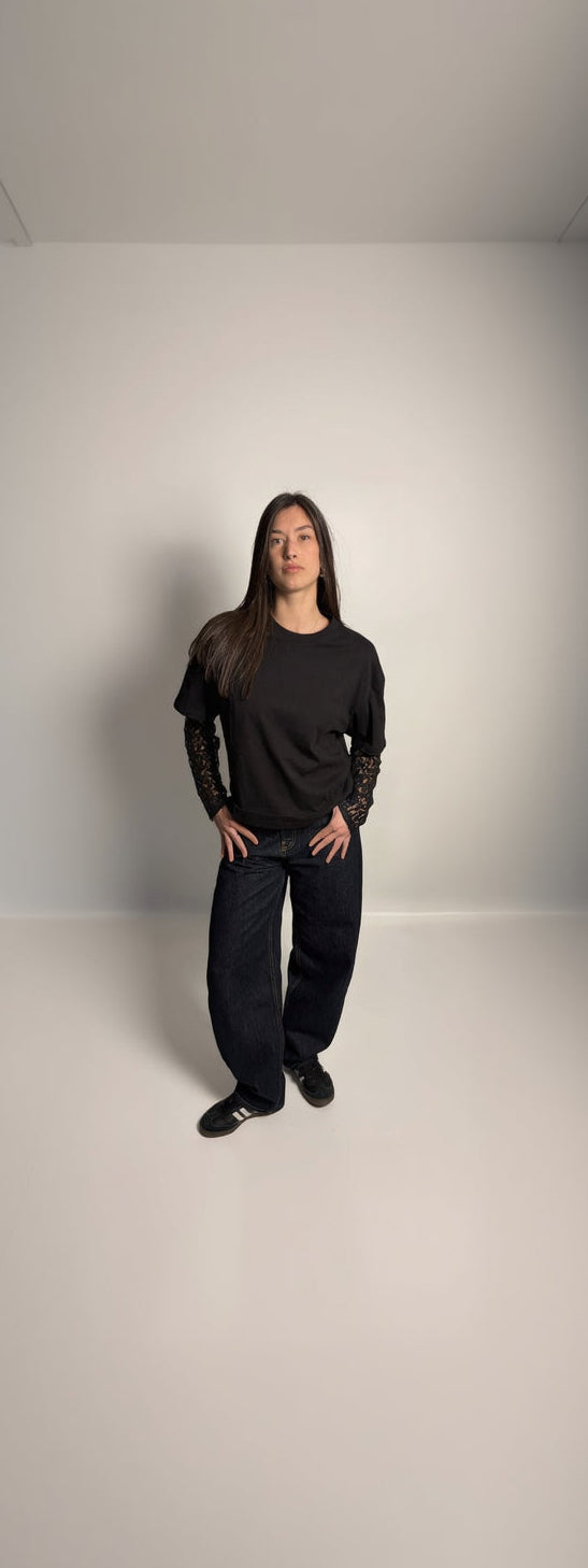 T-Shirt Boxy Fit Doppia Manica Nero / Pizzo Nero
